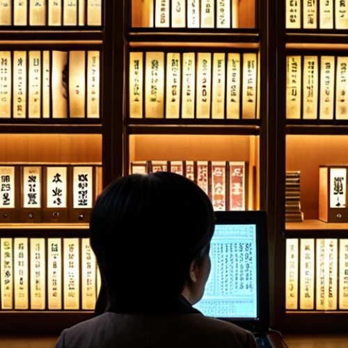 Home 4 **A visual representation of someone poring over digitized Korean genealogical records, illuminated by the glow of a computer screen. The setting is a traditional Korean library, with shelves filled with ancient texts. Focus on the individual's determined expression as they decipher classical Chinese characters. Consider adding subtle elements of modern technology juxtaposed with the historical backdrop.**