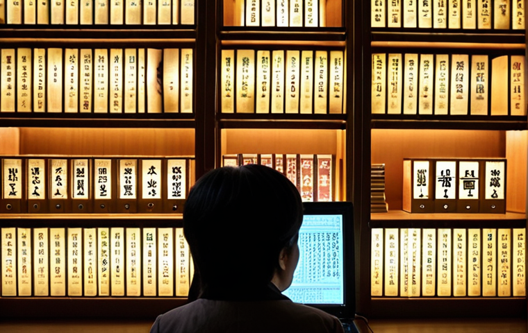 **A visual representation of someone poring over digitized Korean genealogical records, illuminated by the glow of a computer screen. The setting is a traditional Korean library, with shelves filled with ancient texts. Focus on the individual's determined expression as they decipher classical Chinese characters. Consider adding subtle elements of modern technology juxtaposed with the historical backdrop.**