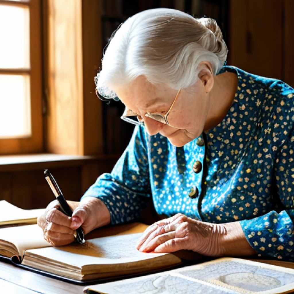 **

A senior woman, fully clothed in a modest floral dress, sits at a wooden table in a bright, sunlit room. She's meticulously examining a very old, handwritten document with a magnifying glass. Around her are stacks of genealogy books, maps, and organized binders. Safe for work, appropriate content, perfect anatomy, natural pose, professional, family-friendly, high-quality photo.

**