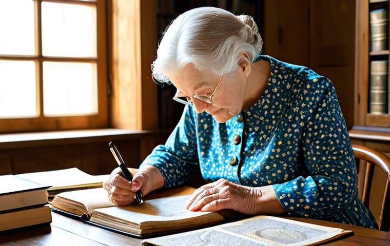 **

A senior woman, fully clothed in a modest floral dress, sits at a wooden table in a bright, sunlit room. She's meticulously examining a very old, handwritten document with a magnifying glass. Around her are stacks of genealogy books, maps, and organized binders. Safe for work, appropriate content, perfect anatomy, natural pose, professional, family-friendly, high-quality photo.

**