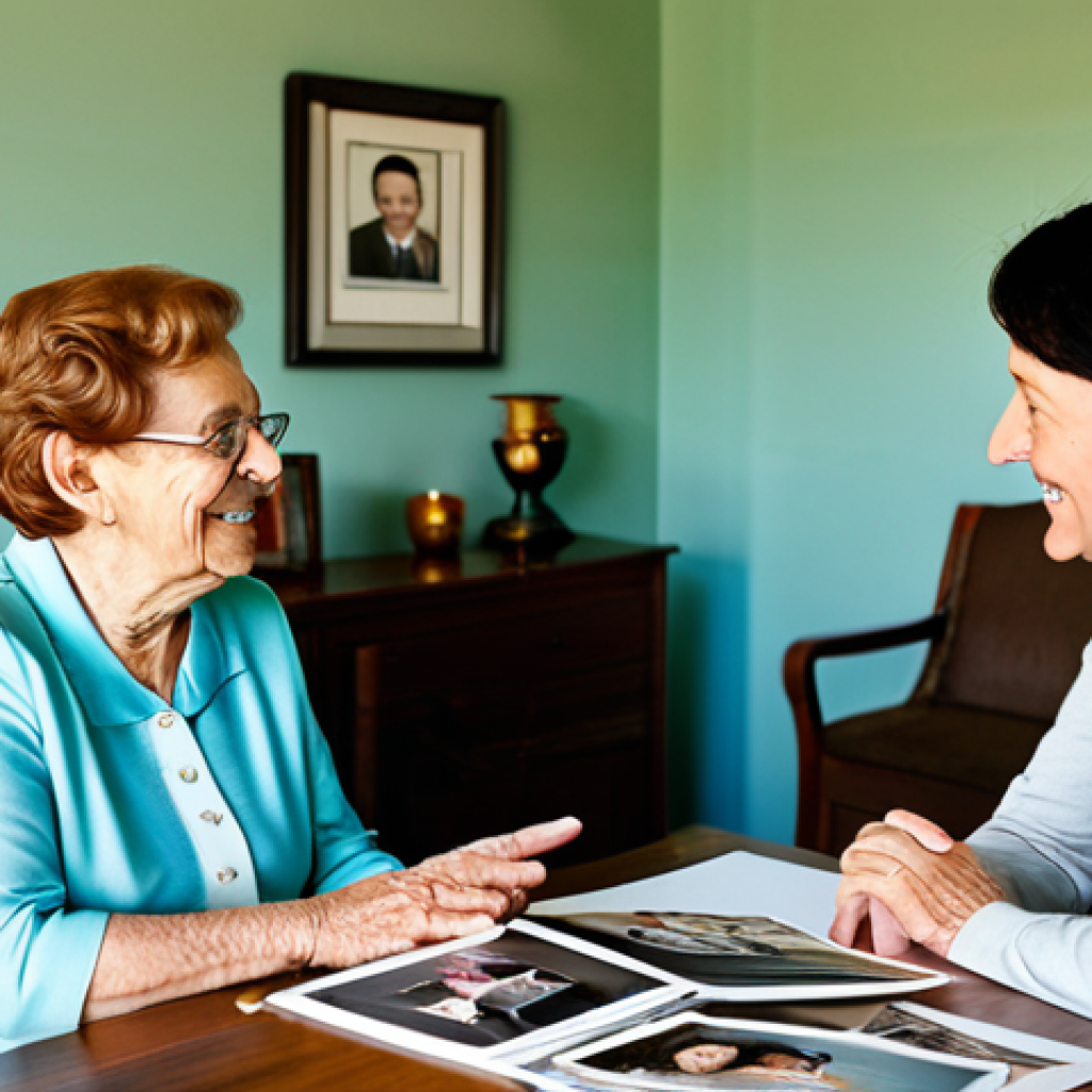**

"A woman, fully clothed in modest attire, sits at a table interviewing her great-aunt in a sunny living room filled with family photos, appropriate content, safe for work, natural pose, perfect anatomy, well-formed hands, professional photography, family-friendly"

**