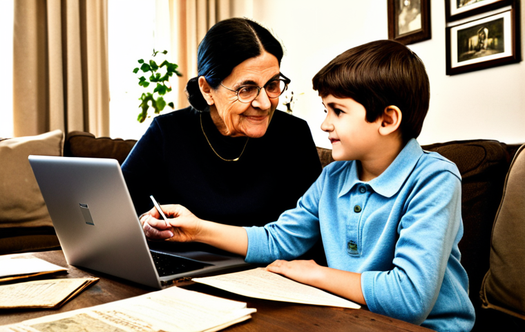 **

"A cozy scene of a grandmother and grandchild looking at a family tree on a laptop, surrounded by old photographs and documents in a warmly lit living room. The grandmother is pointing to a name on the tree, sharing a story. Fully clothed, modest attire, appropriate content, safe for work, family-friendly, natural pose, perfect anatomy, high quality photography, genealogical research theme, heirloom treasures."

**