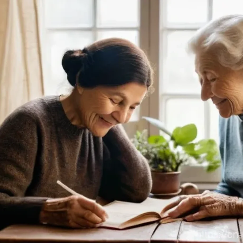 가문 행사와 족보 - **Prompt 1: Unearthing Ancestral Stories - A Cozy Conversation**
"A warm and intimate scene feat...