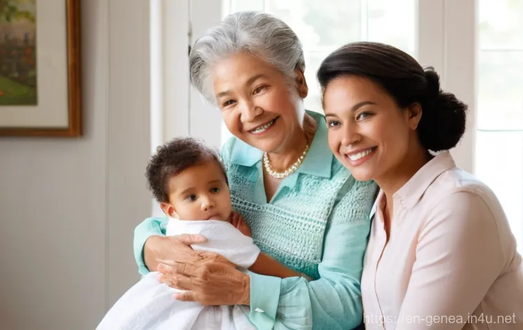 북한 성씨 체계 - **Prompt:** A warm and inviting scene depicting a multi-generational family portrait. Grandparents, ...