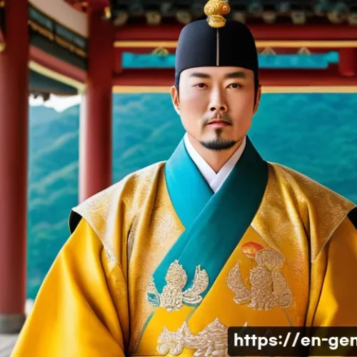 백제 왕실 족보 - A detailed historical scene depicting King Onjo, the founding monarch of Baekje, dressed in traditio...