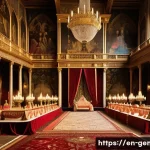 왕족 혼맥도 - A grand medieval royal wedding scene set in an opulent European castle hall, richly decorated with t...