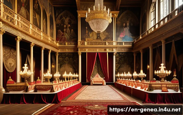 왕족 혼맥도 - A grand medieval royal wedding scene set in an opulent European castle hall, richly decorated with t...