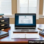 문중 재산 관리 - A highly detailed, professional home office scene showing an estate planner&rsquo;s desk filled with organ...