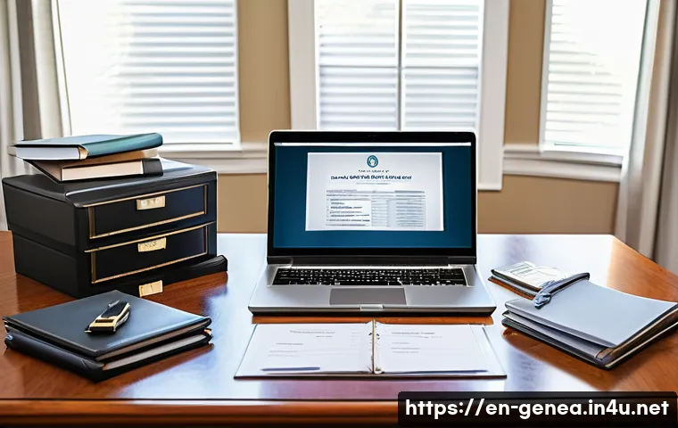문중 재산 관리 - A highly detailed, professional home office scene showing an estate planner’s desk filled with organ...