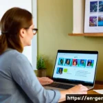 족보 소프트웨어 - A cozy home office scene featuring a middle-aged woman sitting at a wooden desk with a modern laptop...