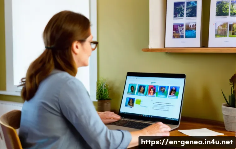 족보 소프트웨어 - A cozy home office scene featuring a middle-aged woman sitting at a wooden desk with a modern laptop...