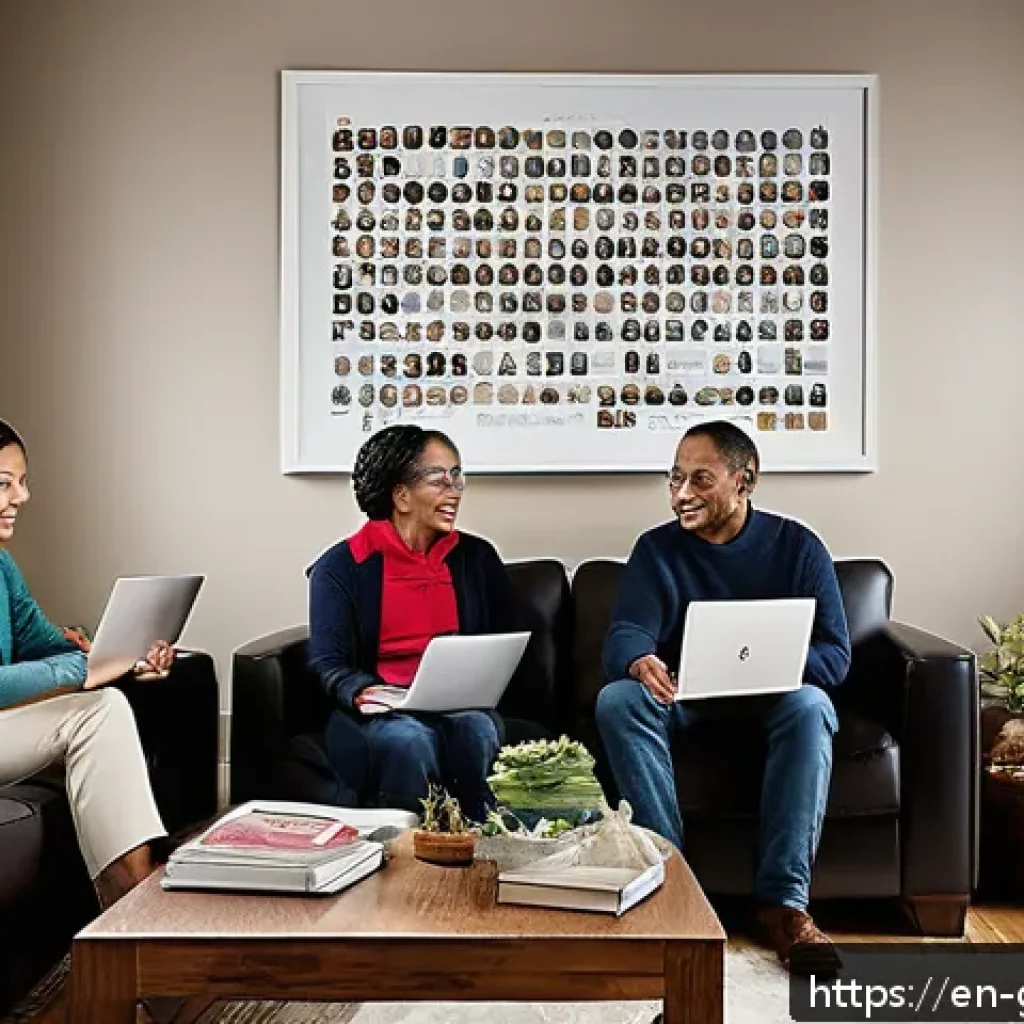 DNA 분석과 족보 - A warm, inviting family room scene showing a diverse group of people of various ages gathered around...