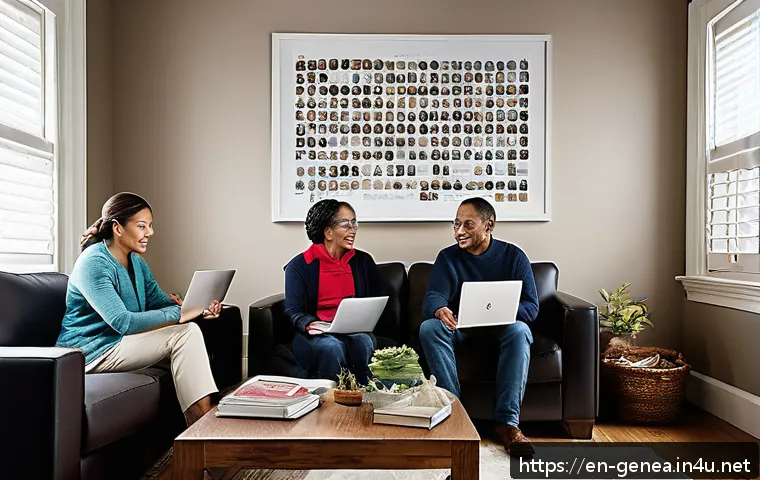 DNA 분석과 족보 - A warm, inviting family room scene showing a diverse group of people of various ages gathered around...
