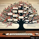 족보 위조 사례 - A detailed digital illustration of a diverse family genealogy tree on a computer screen, showing int...