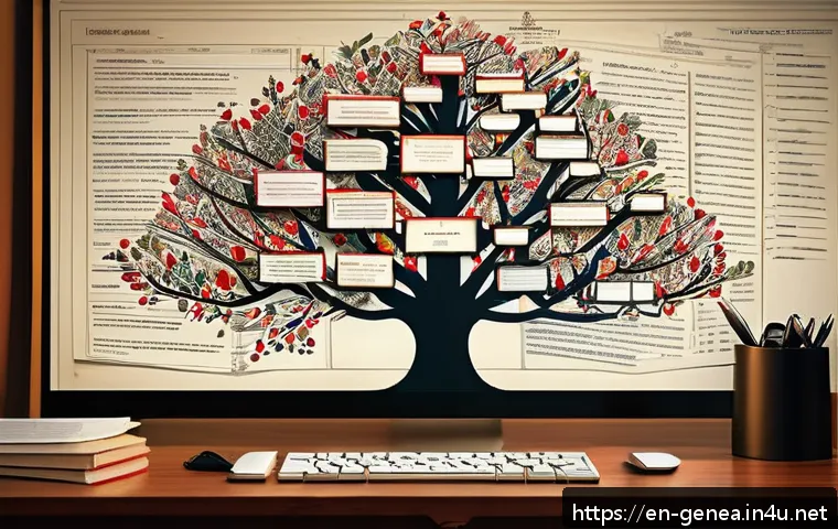 족보 위조 사례 - A detailed digital illustration of a diverse family genealogy tree on a computer screen, showing int...