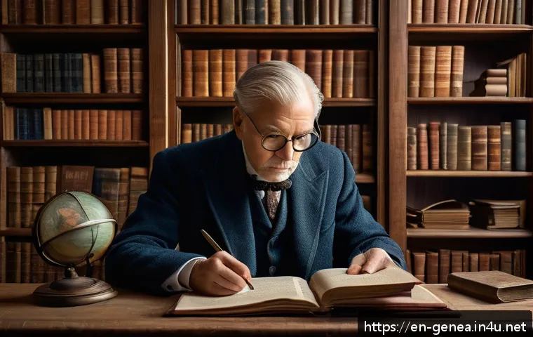 족보 제작 업체 - A professional genealogist in a cozy, well-lit study surrounded by shelves filled with old books, vi...