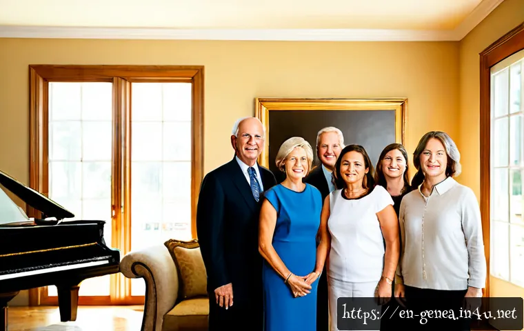 LG가 족보 - Photorealistic editorial scene of a multigenerational American business family gathered in an elegan...